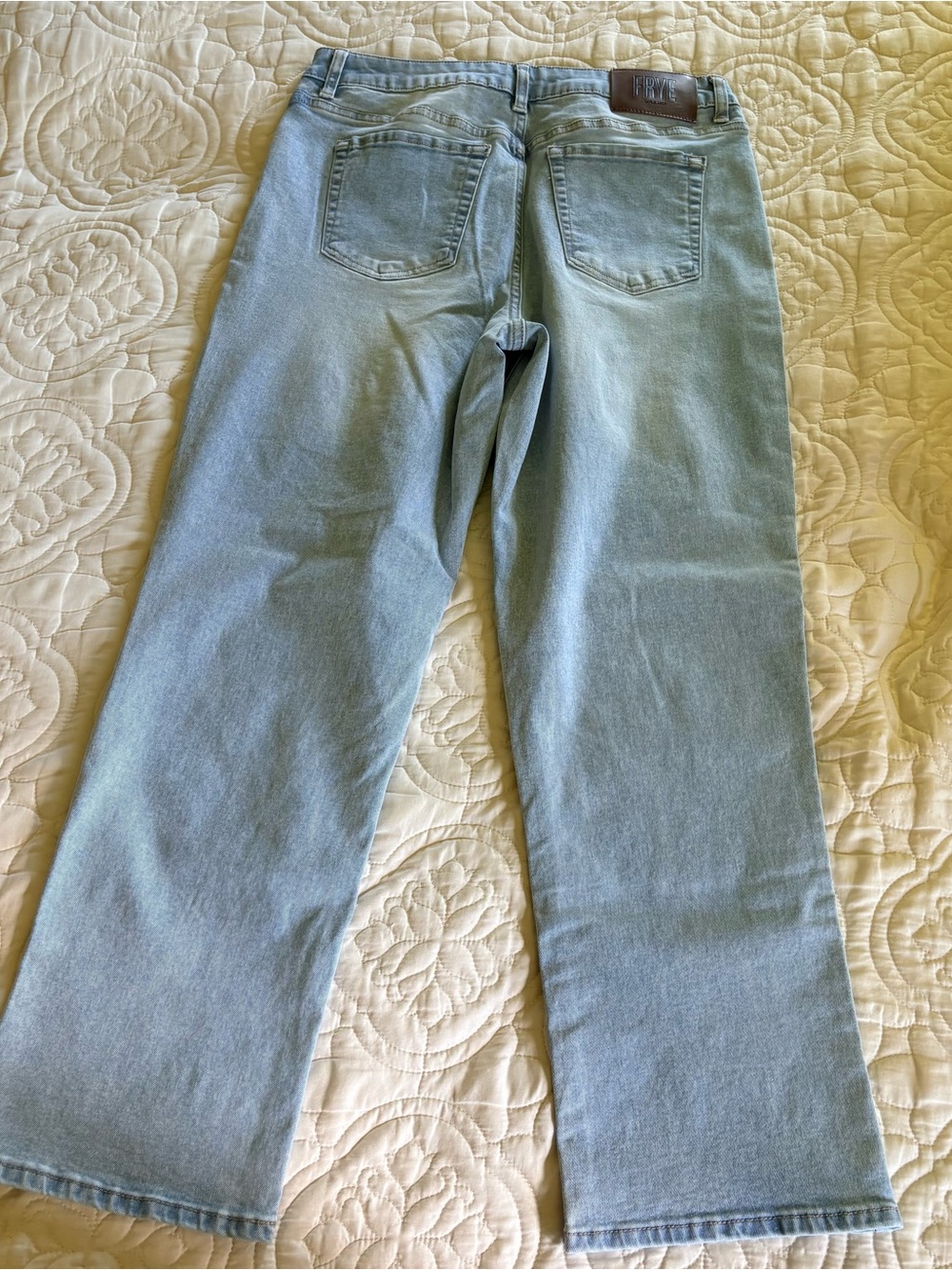 Frye Light Blue Denim Jeans with Brown Leather Patch - Picture 2 of 5